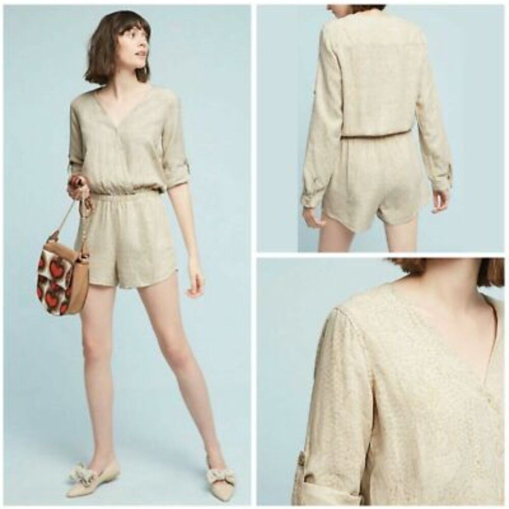 NEW Cloth & Stone Anthropologie Linen Beige Ivory Gold Wrap‎ Romper Jumpsuit XS